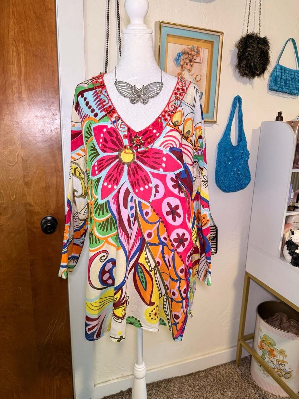 Y2K Maximalist Boho Colorful Floral Tunic Coverup